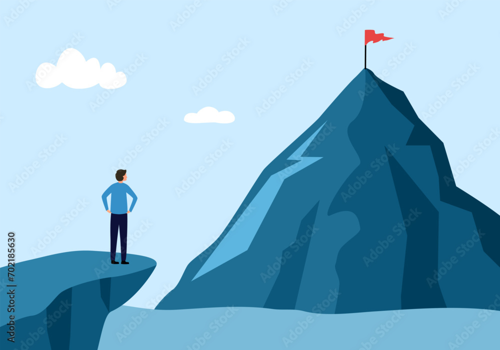 Businessman planning to reach the success flag on top of the mountain in flat design. Symbol of the startup, business finance, achievement and leadership concept vector illustration. Businessman planning to reach the success flag on top of the mountain in flat design. Symbol of the startup, business finance, achievement and leadership concept vector illustration.