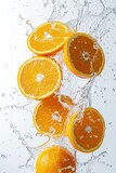 falling oranges with splashing water isolated on white background