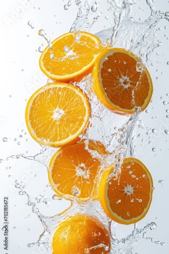 falling oranges with splashing water isolated on white background