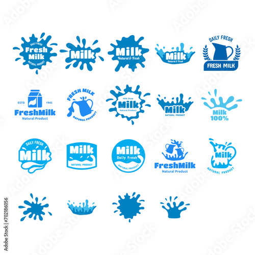 Set of Milk logo, label or badge. Design elements for grocery, farm, agriculture store, packaging and advertising. Vector illustration.