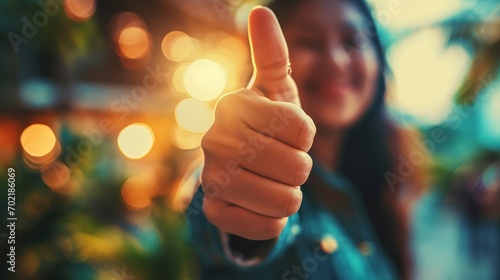 Thumbs up, blurred, and a working woman agree by making a cheerful hand sign. Employees like and smile when they hear that they have achieved their highest professional career goal at work.  photo