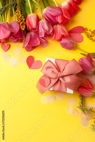 Greeting card. Bouquet of colorful tulip flowers gift box on yellow, copy space, invitation. Spring time seasonal holiday, 8 march International woman day, Mother day, Saint Valentine banner