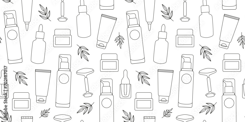 Linear natural cosmetics seamless pattern. Self care. Everyday beauty routine. Outline background, wrapping paper. Line art. - obrazy, fototapety, plakaty 