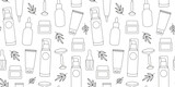 Linear natural cosmetics seamless pattern. Self care. Everyday beauty routine. Outline background, wrapping paper. Line art.