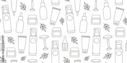 Linear natural cosmetics seamless pattern. Self care. Everyday beauty routine. Outline background, wrapping paper. Line art. photo