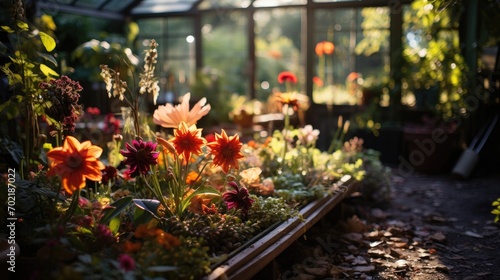 Vibrant flowers blossoming in a sunlit greenhouse