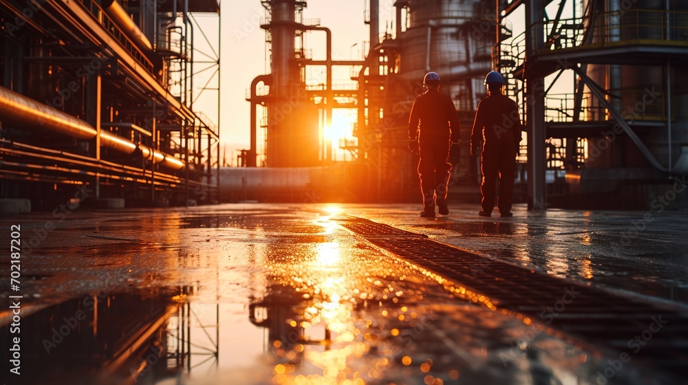 workers in an industrial plant that produces and processes crude oil workers in an industrial plant that produces and processes crude oil