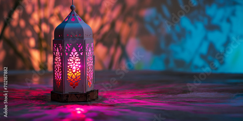 Arabische Laterne mit brennender pink farbener Kerze und schönem Hintergrund, Ramadan Islam Religion Nahaufnahme, ai generativ photo