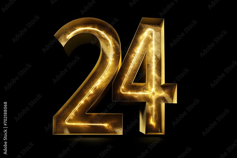 Gold Number 24 Twenty Four On Black Background