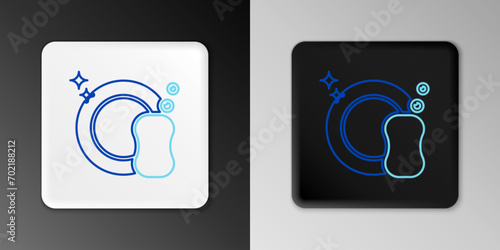 Line Washing dishes icon isolated on grey background. Plate and sponge. Cleaning dishes icon. Dishwasher sign. Clean tableware sign. Colorful outline concept. Vector