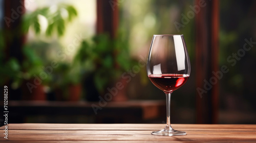 Elegant glass of red wine on blurres background with wine grapes. Young wine. Generative AI