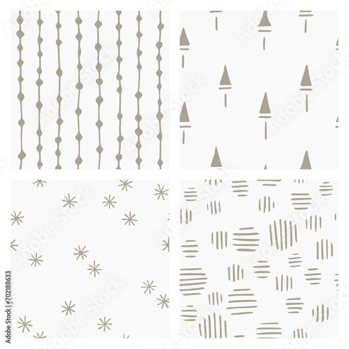 Set of seamless backgrounds. Hand drawn abstract patterns. Sloppy triangles, dashes, circles and stripes.