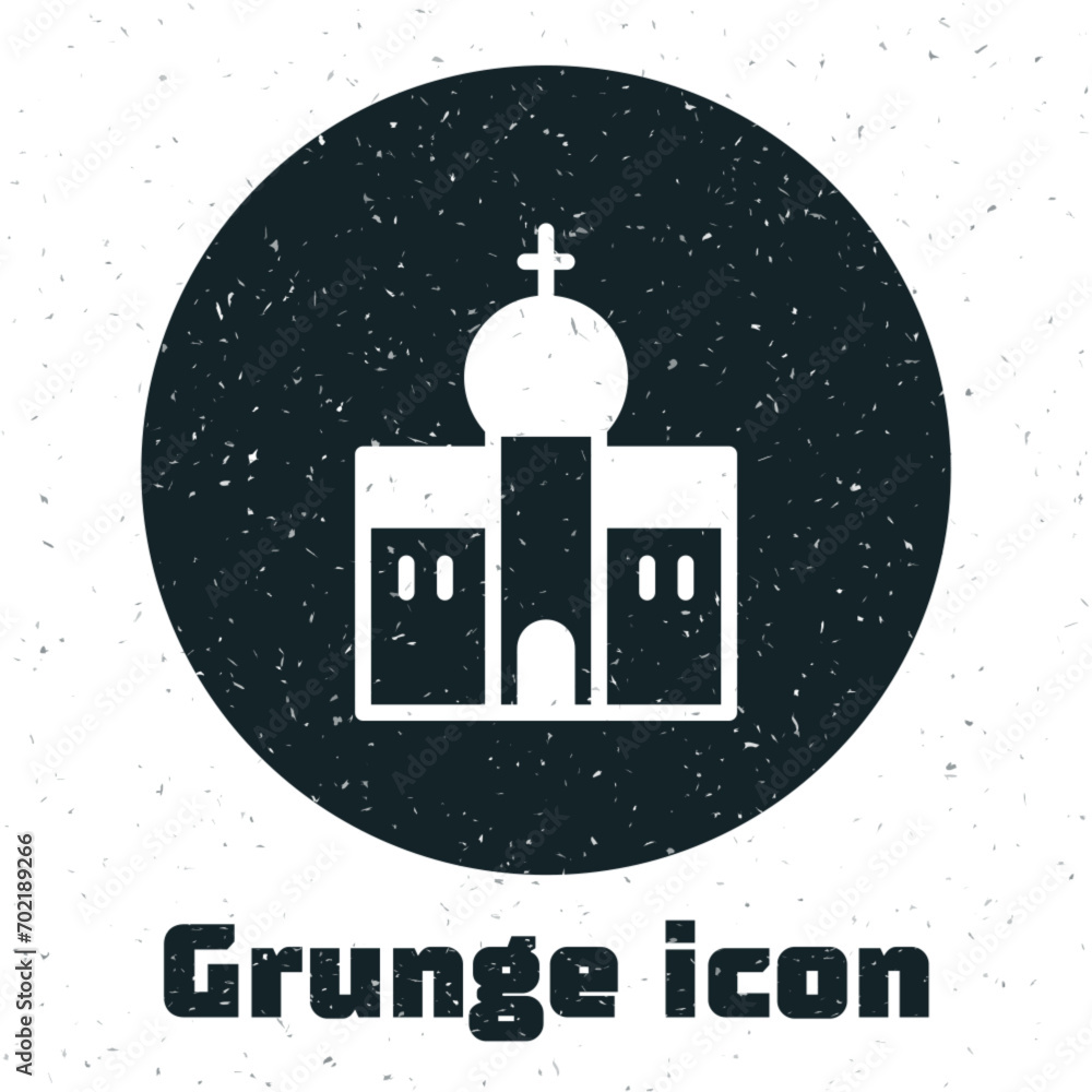 Grunge Church building icon isolated on white background. Christian Church. Religion of church. Monochrome vintage drawing. Vector