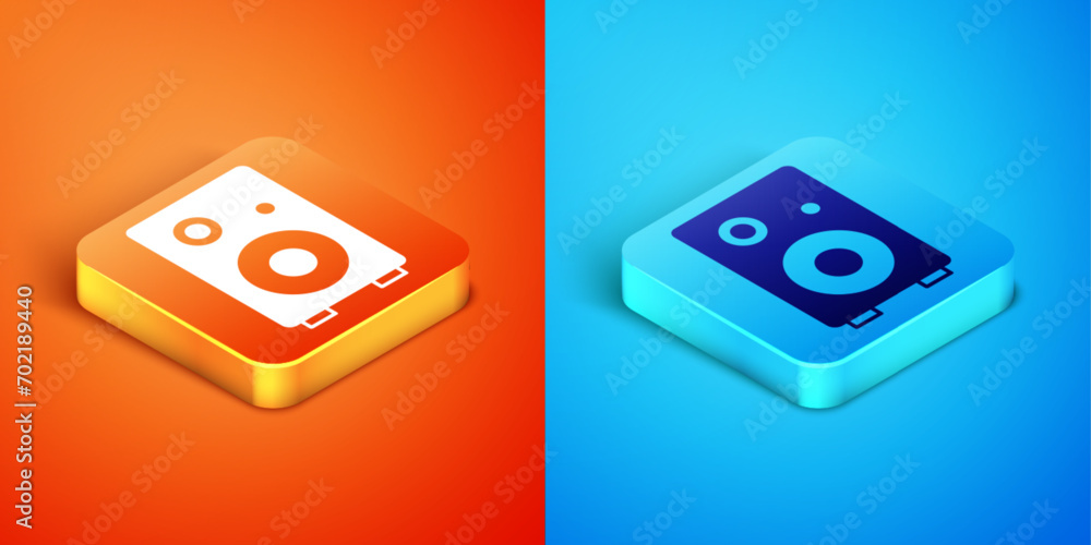 Isometric Stereo speaker icon isolated on orange and blue background. Sound system speakers. Music icon. Musical column speaker bass equipment. Vector Isometric Stereo speaker icon isolated on orange and blue background. Sound system speakers. Music icon. Musical column speaker bass equipment. Vector