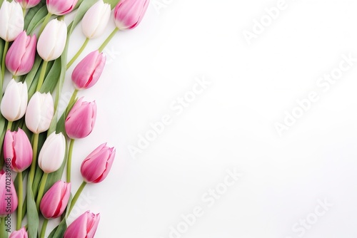 beautiful tulips white and pink on white background, flat lay and copy space - generative ai