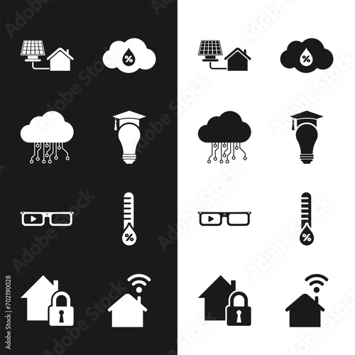 Set Light bulb and graduation cap, Internet of things, House with solar panel, Humidity, Smart glasses, home wi-fi and under protection icon. Vector