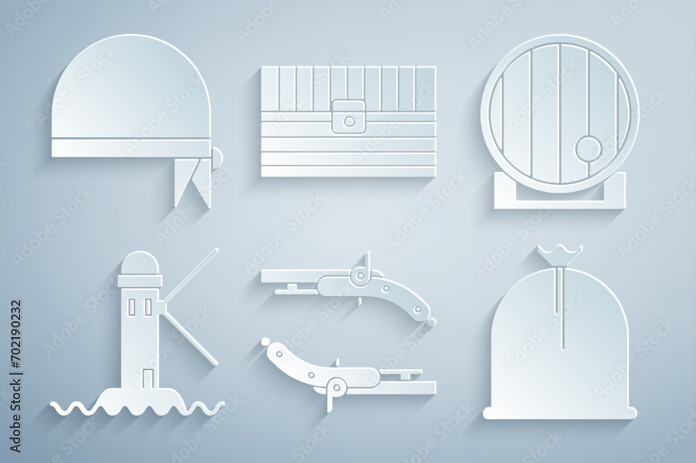 Φωτογραφία Set Vintage pistols, Wooden barrel, Lighthouse, Pirate sack, Antique treasure chest and bandana for head icon