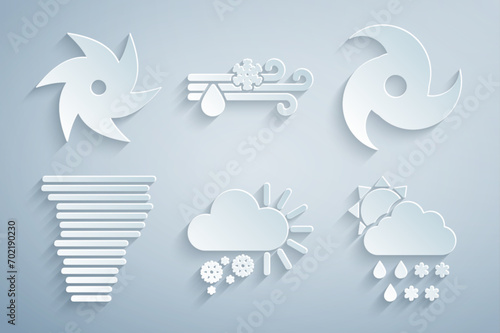 Set Cloudy with snow, Tornado, rain, sun, Wind and and  icon. Vector