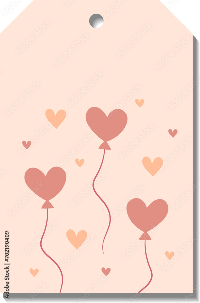 Single hand draw valentine labels,badge isolated on white.Label with heart ballons and hearts. Tag in doodle style. Peach fuzz,beige, pink and red colors.