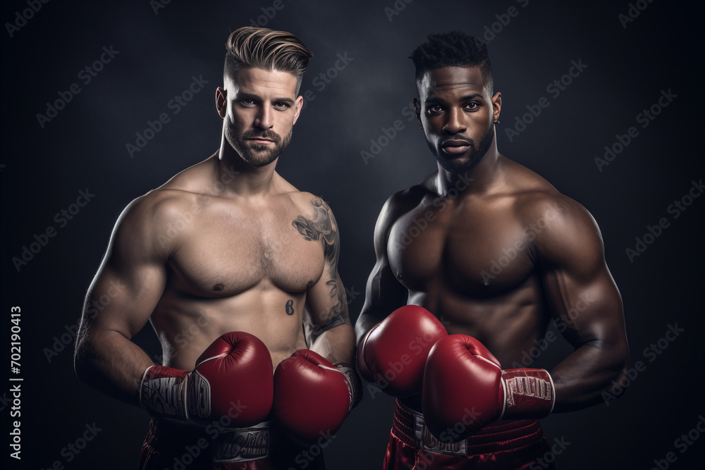 Caucasian and African American boxers wearing boxing gloves on a dark background Caucasian and African American boxers wearing boxing gloves on a dark background