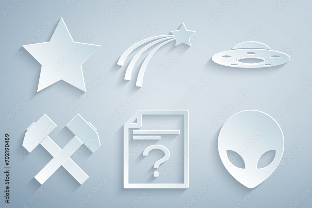 Set Unknown document, UFO flying spaceship, Two crossed hammers, Alien, Falling star and Star icon. Vector