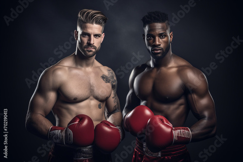 Caucasian and African American boxers wearing boxing gloves on a dark background