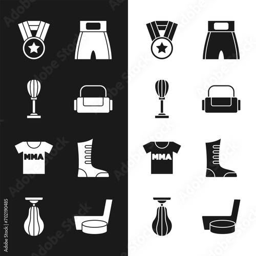 Set Sport bag, Punching, Medal, Boxing short, T-shirt with fight club MMA, boxing shoes, Ice hockey stick and puck and  icon. Vector