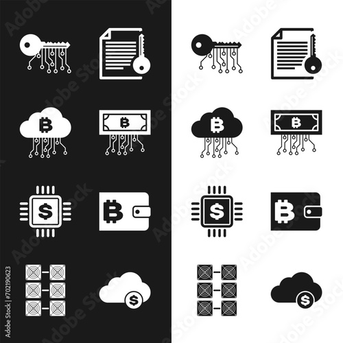 Set Cryptocurrency bitcoin with circuit, cloud mining, key, Smart contract, Processor chip dollar and wallet icon. Vector