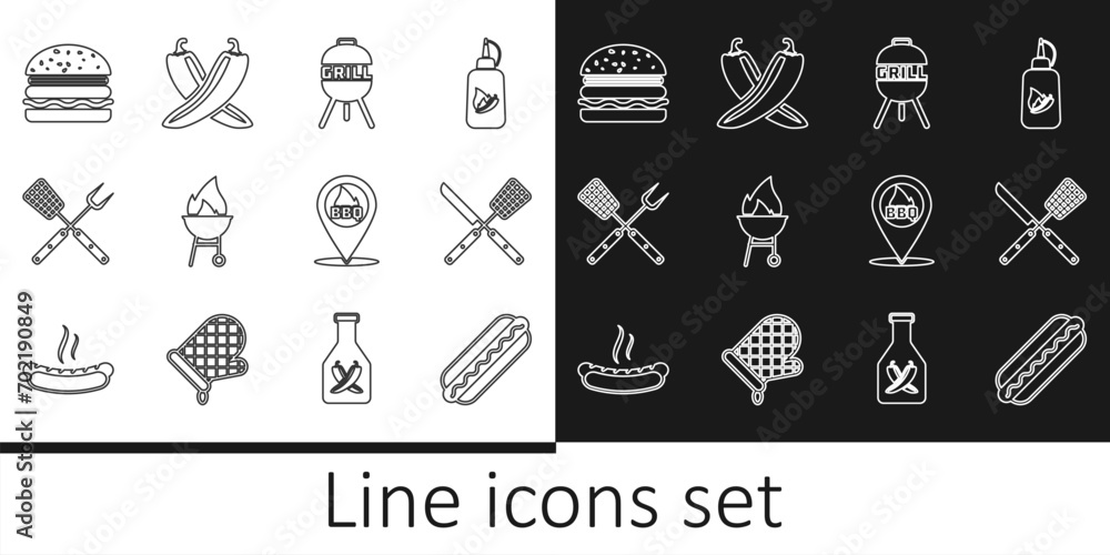 Set line Hotdog sandwich, Crossed knife spatula, Barbecue grill, fork, Burger, Location with barbecue and hot chili pepper pod icon. Vector