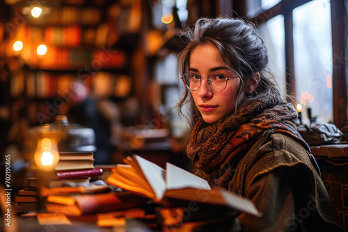 A young woman with glasses reads a book in a cozy library setting  exuding a sense of calm and intellectual curiosity.
