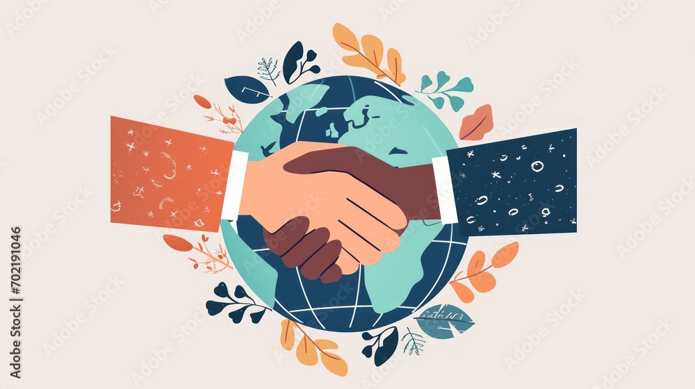 Handshake on the background of the globe. Flat vector illustration. Generative AI