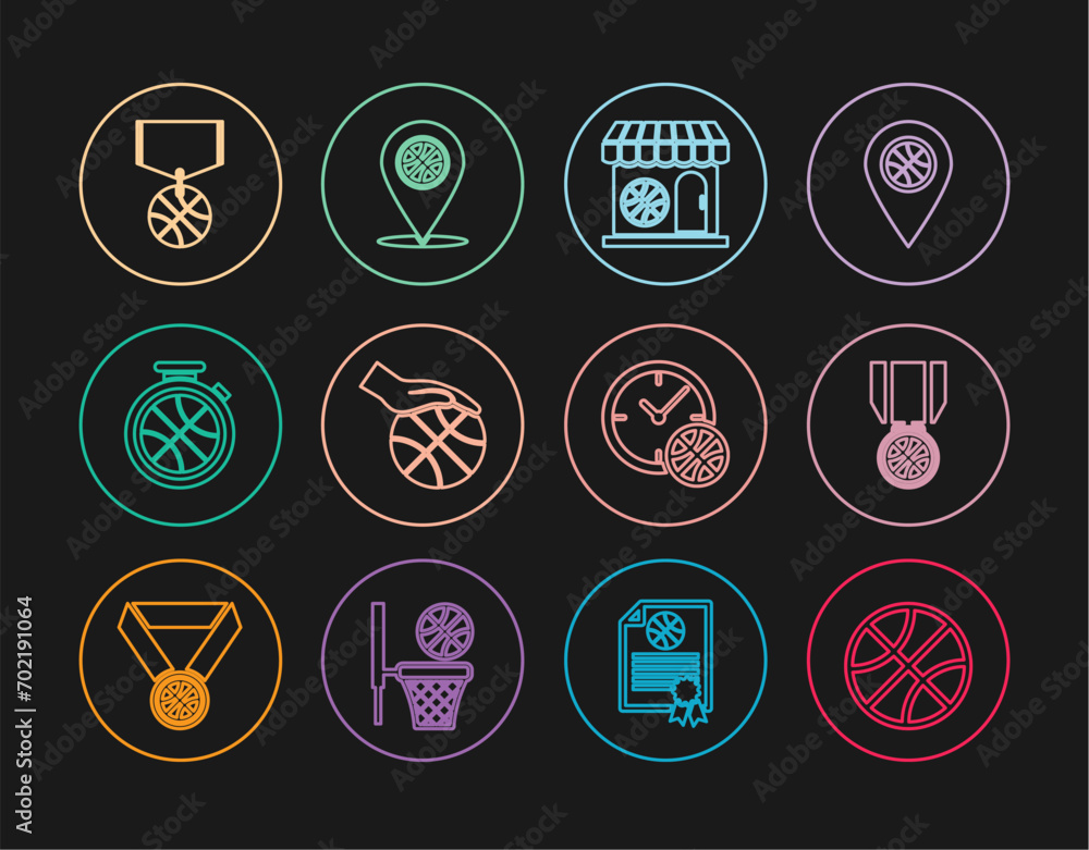 Set line Basketball ball, medal, Sports shop and basketball, Hand with, Stopwatch, Clock and Location icon. Vector Set line Basketball ball, medal, Sports shop and basketball, Hand with, Stopwatch, Clock and Location icon. Vector