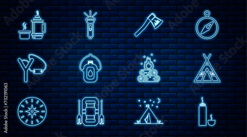 Set line Thermos container, Tourist tent, Wooden axe, Canteen water bottle, Slingshot, Campfire and Flashlight icon. Vector