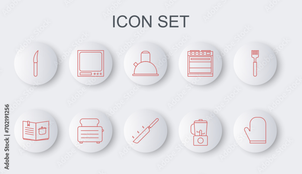 Set line Oven glove, Cookbook, Kettle with handle, Blender, Knife, Electronic scales, Toaster toasts and Frying pan icon. Vector Set line Oven glove, Cookbook, Kettle with handle, Blender, Knife, Electronic scales, Toaster toasts and Frying pan icon. Vector