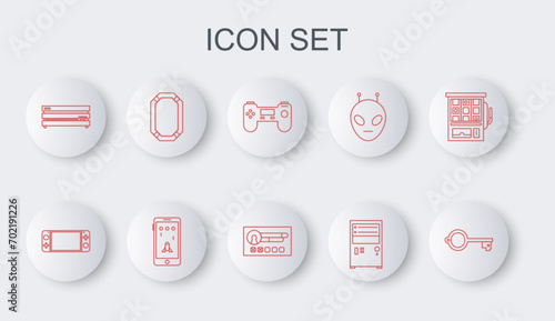Set line Ancient key for game, Portable video console, Gamepad, Computer, Video, Poker, Mobile and playing in and Create account screen icon. Vector