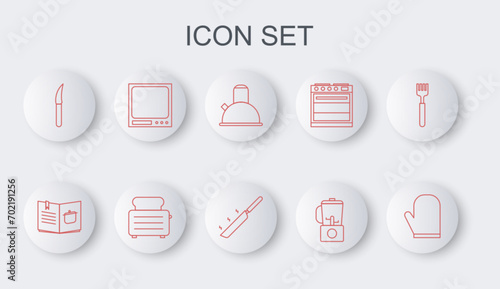 Set line Oven glove, Cookbook, Kettle with handle, Blender, Knife, Electronic scales, Toaster toasts and Frying pan icon. Vector