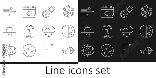 Set line Cone meteorology windsock wind vane, Eclipse of the sun, Earth globe and, Sun protective umbrella for beach, Sunset, Wind, Cloud with snow and Calendar icon. Vector