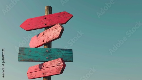 Wooden signpost with arrows on blue sky background. 3D rendering Generative AI photo