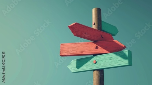Colorful wooden direction arrows on a green background. 3d rendering Generative AI photo