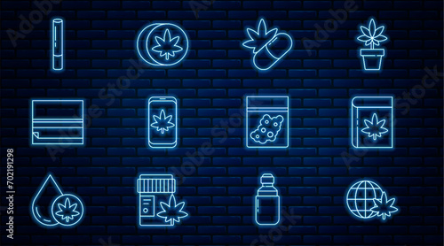 Set line Legalize marijuana globe, Book and or cannabis, Medical pills with, Mobile, Rolling paper, Marijuana joint, Plastic bag of and Herbal ecstasy tablets icon. Vector