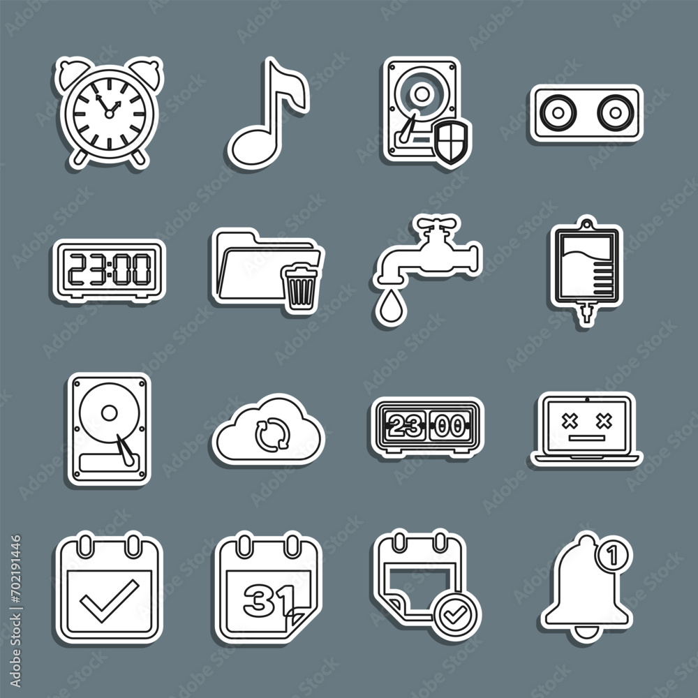 Set line Bell, Dead laptop, IV bag, Hard disk drive HDD protection, Delete folder, Digital alarm clock, Alarm and Water tap icon. Vector Set line Bell, Dead laptop, IV bag, Hard disk drive HDD protection, Delete folder, Digital alarm clock, Alarm and Water tap icon. Vector