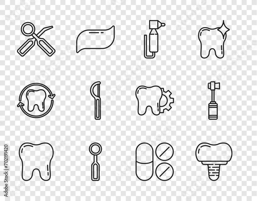 Set line Tooth, Dental implant, drill, inspection mirror, floss, Painkiller tablet and Toothbrush icon. Vector