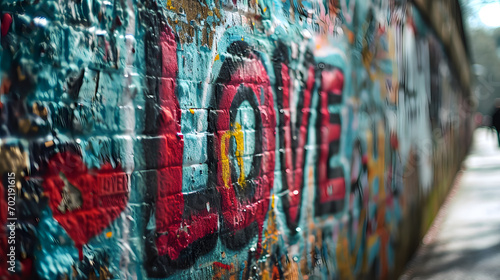 LOVE graffiti art on a urban street wall texture with blurred bokeh background photo