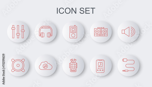 Set line Audio jack, Stereo speaker, Music player, equalizer, Headphones, streaming service and Microphone icon. Vector