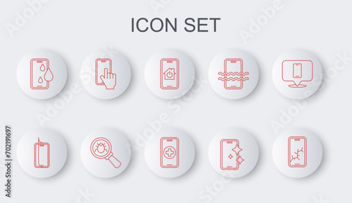 Set line Mobile with broken screen, Glass protector, smart home, Waterproof phone, Phone repair service, System bug and  icon. Vector