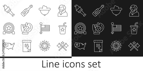 Set line American flag, Paper glass with straw, Western cowboy hat, Baseball glove ball, Medal star, Torch flame, and Champagne bottle icon. Vector