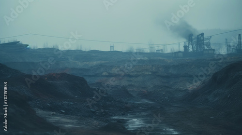 Coal mining industrial landscape. Heavy pollution, smoke, dust, ruined ecosystem. Generative AI