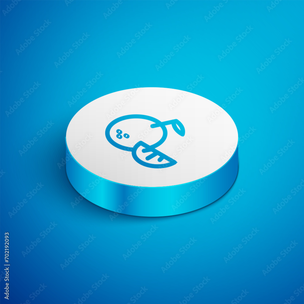 Isometric line Citrus fruit icon isolated on blue background. Orange in a cut. Healthy lifestyle. White circle button. Vector Isometric line Citrus fruit icon isolated on blue background. Orange in a cut. Healthy lifestyle. White circle button. Vector