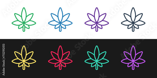 Set line Medical marijuana or cannabis leaf icon isolated on black and white background. Hemp symbol.  Vector Illustration