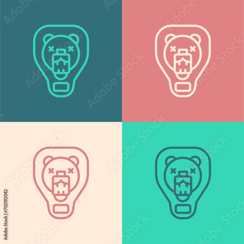 Pop art line Bear head on shield icon isolated on color background. Hunting trophy on wall. Vector